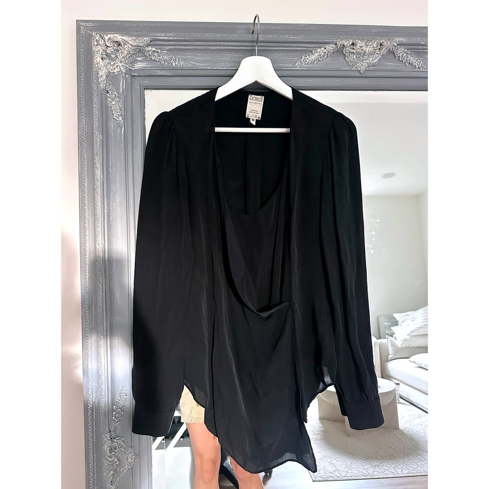 Georgie 100% Silk Black Draped Wrap Front Long Sleeve Lagenlook Blouse Top M